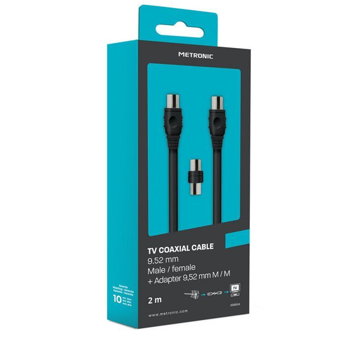 Cable coaxial de TV de 9,52 mm macho/hembra + adaptador macho/macho, 2 m - negro