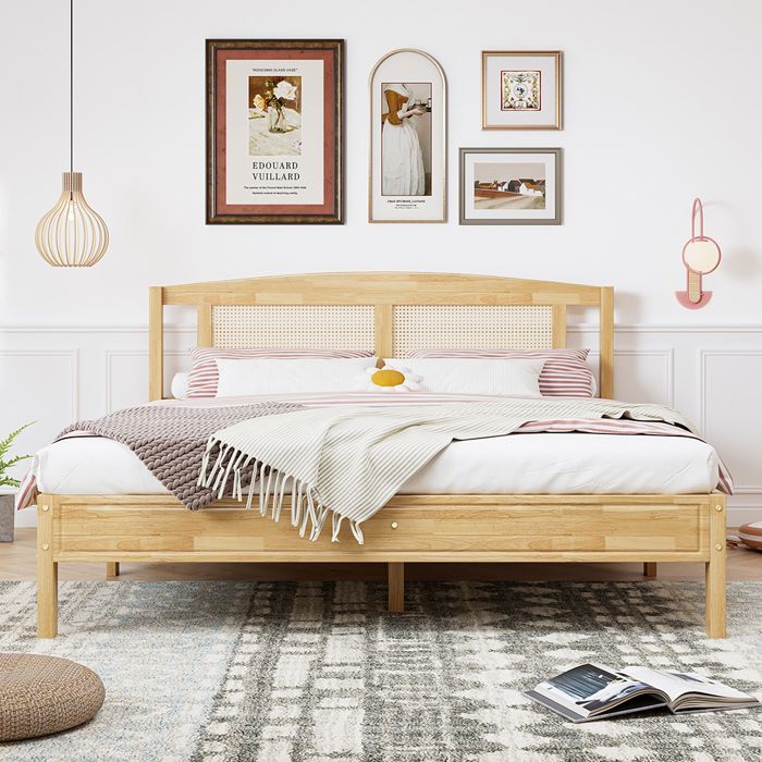 Lit adulte 160x200cm Lit double - avec lattes et pieds centraux - SWEIKO - pin + rotin PE Naturel