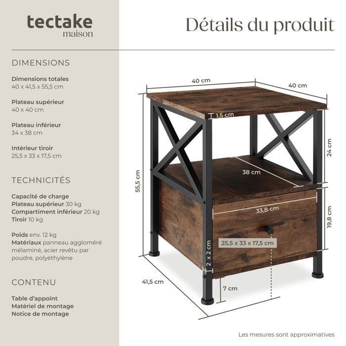 Table de chevet - TECTAKE - Chevet FALKIRK avec 2 étagères et tiroir en bois et acier 40 x 41,5 x 55,5 cm - Bois foncé