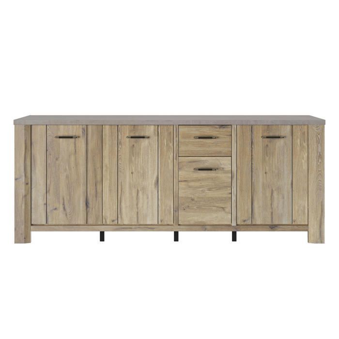 Aparador de cuatro puertas con efecto de madera de roble claro y acabado mineral.