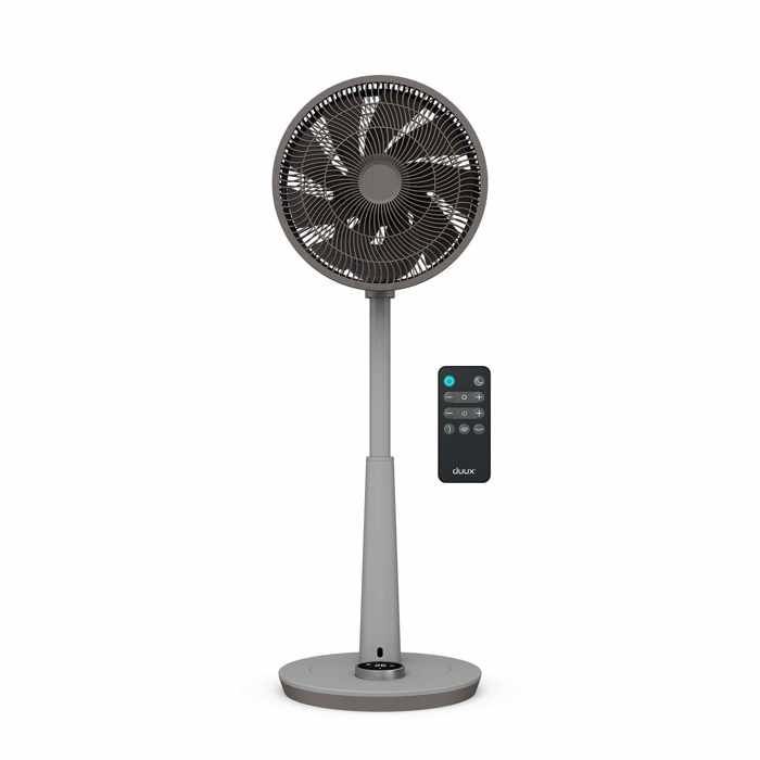 Ventilador de pedestal silencioso DUUX Whisper 2, gris, potente, 26 velocidades, control remoto.