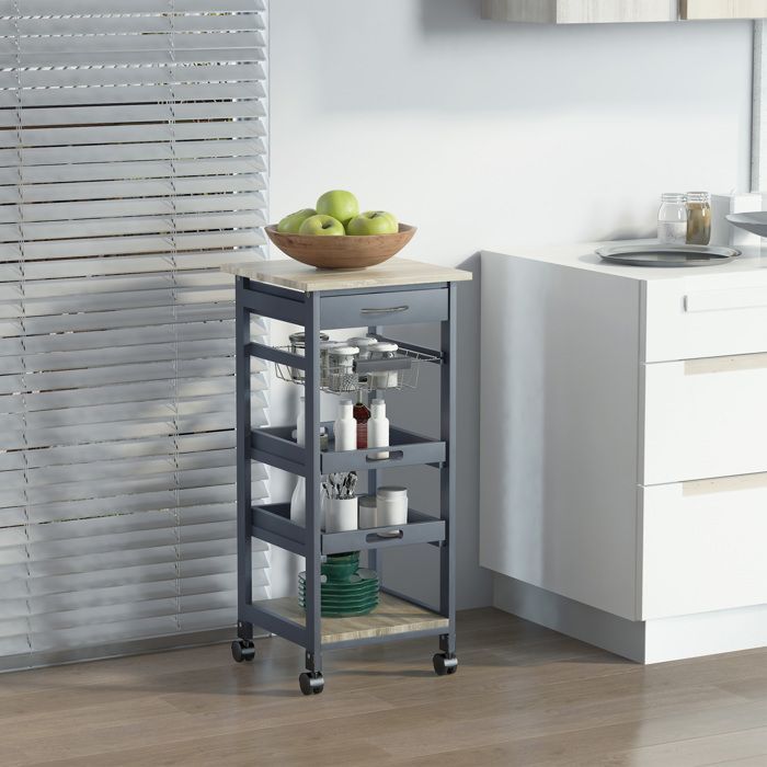 Carrito de servicio - HOMCOM - carrito de cocina con ruedas, cesta, 2 estantes extraíbles, cajón - MDF, pino - roble gris