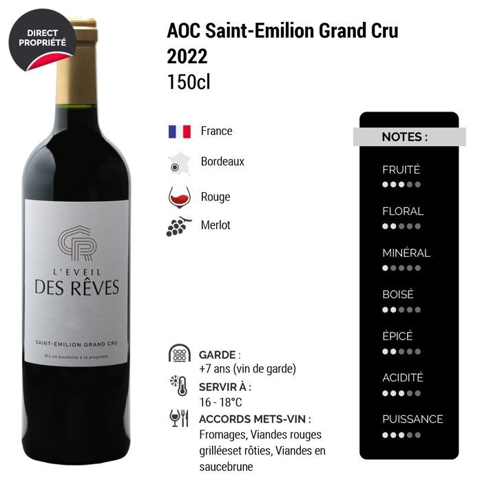 Château des Rêves Saint-Emilion Grand Cru L'éveil des Rêves Magnum 2022 - Vino rosso bordolese (3x150cl)