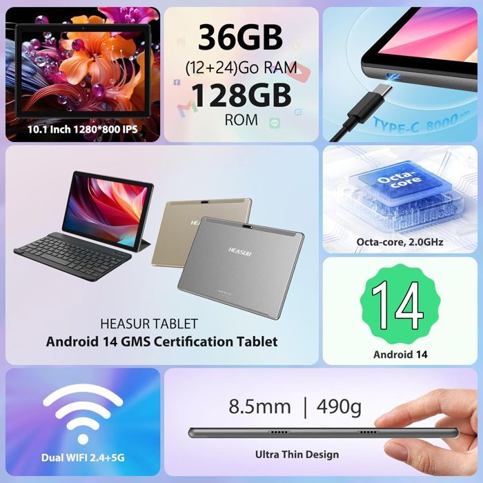 HEASUR 10.1-inch Tablet, Android 14, 36GB+128GB, Octa-Core, 5G WiFi, Type-C, 8000mAh, With Keyboard, Mouse, and Headphones, Gray