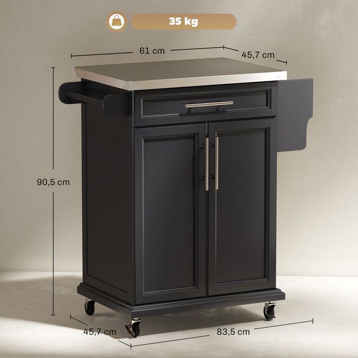 Desserte de cuisine - HOMCOM - roulettes îlot central plateau inox étagère réglable tiroir - métal - 83,5x45,7x90,5cm - noir