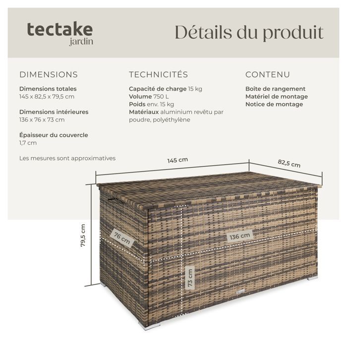 Garden storage - TECTAKE - OSLO large capacity garden storage box, made of woven resin, 145x82.5x79.5cm - Natural brown