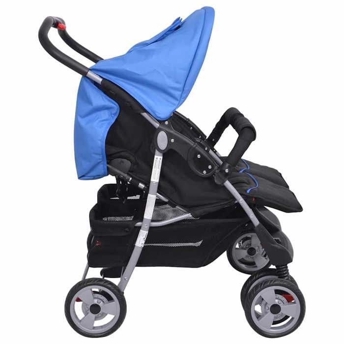 Double stroller - vidaXL - Steel - Blue and black - Adjustable backrest - Lockable wheels