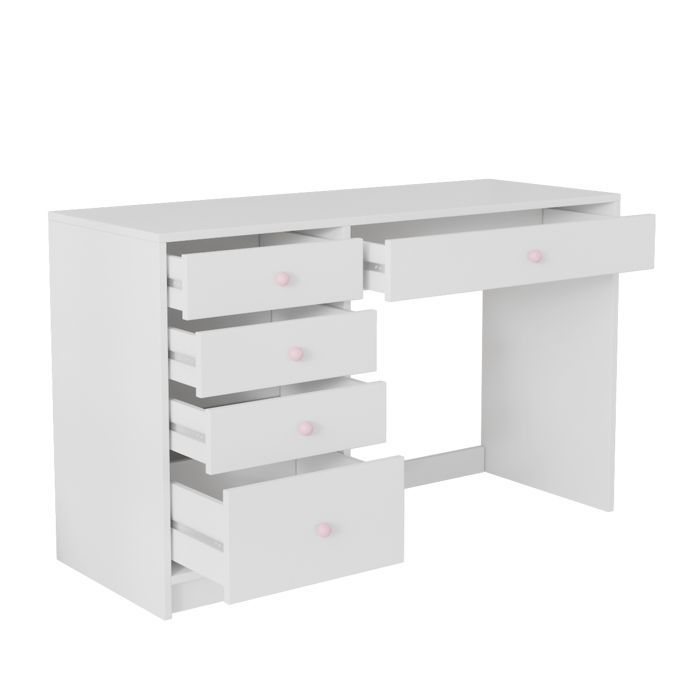Bureau 120 x 45 x 74 cm - 5 tiroirs - Poignées en céramique rose - MDF - Blanc