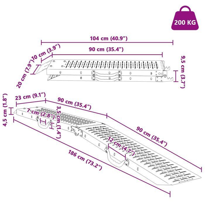 Rampa de carga de acero galvanizado - vidaXL - Plata - 185 x 22,5 x 4,5 cm - Plegable - Antideslizante - 200 kg por unidad