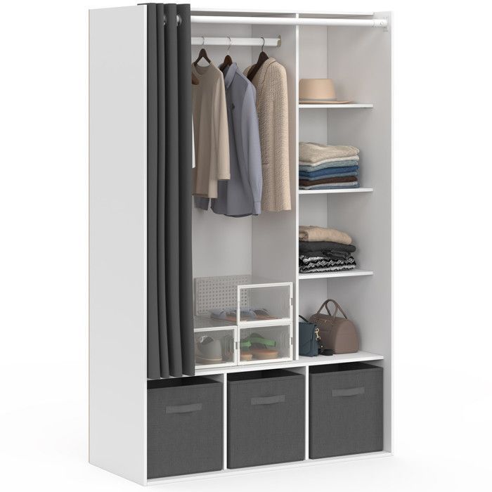 IDMARKET Dressing penderie DIANE 105 x 45 x 167 cm blanc avec étagères + boites de rangement + rideau gris