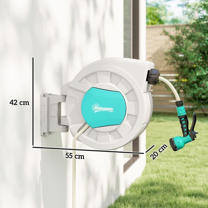 Outsunny Garden Hose Reel - 35+2 m - Wall Mount + Handle - 180° Swivel - 7 Spray Patterns - Light Grey