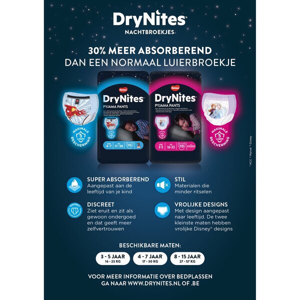 „DryNites“ mergaitėms skirtos naktinės kelnaitės (4–7 metų vaikams), 4–7 metai (17–30 kg), 10 vnt.