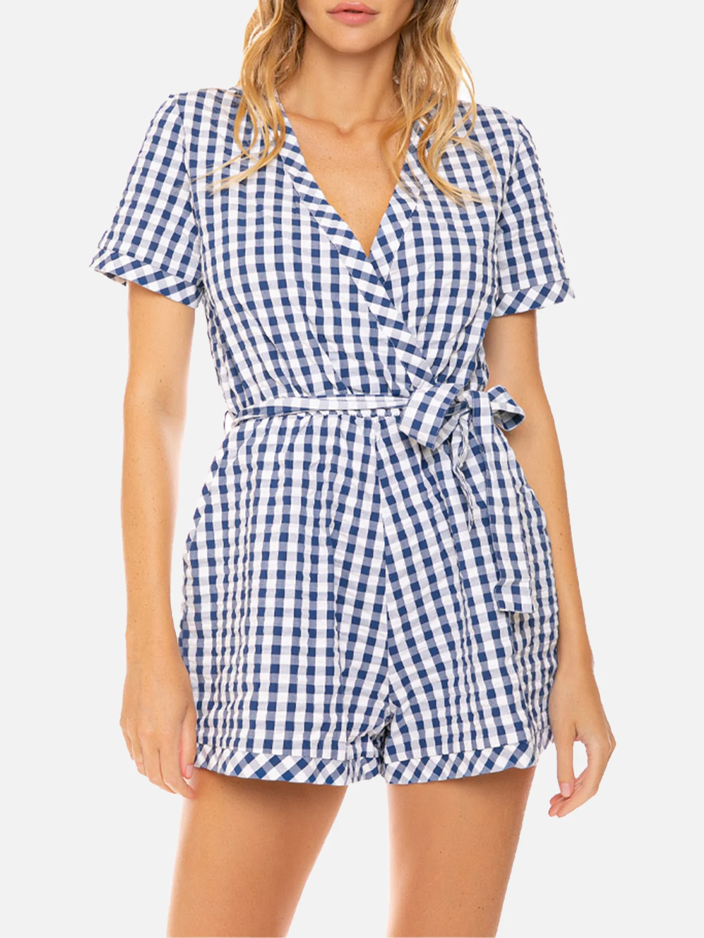 blauw Vichy-print kort pak
