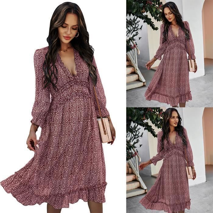 Vestido floral para mujer, vestido de playa sexy con escote en V, elegante vestido bohemio de manga tres cuartos - Rojo