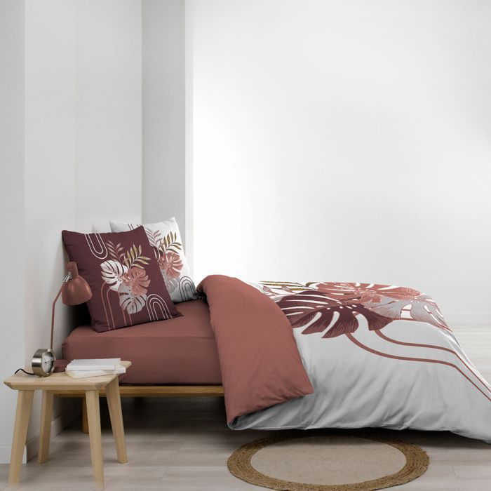 Funda nórdica ASTRIA de 240 x 220 cm – 100 % algodón, 42 hilos/cm² + 2 fundas de almohada de 63 x 63 cm, estampado tropical terracota/burdeos.