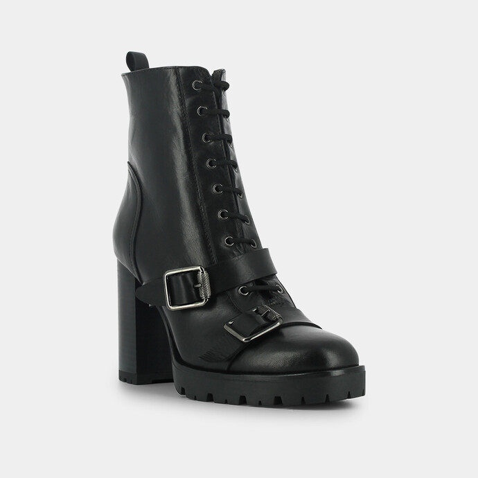Boots à talons et à boucles  en cuir noir