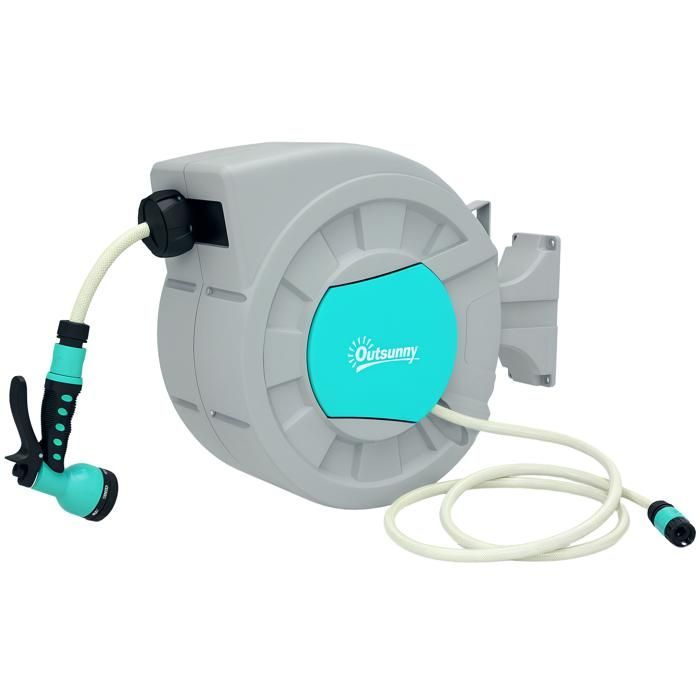 Outsunny garden hose reel - 25+2 m - wall mount + handle - 180° swivel - 7 spray patterns - grey