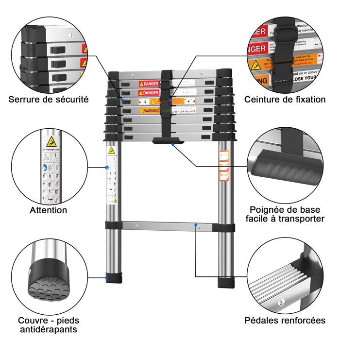 2.6m Telescopic Ladder - Stainless Steel - For RVs, Attics, Offices, Warehouses - Easy to Carry