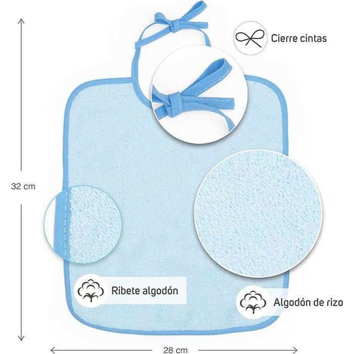 Ti TIN | Pack de 3 Bavoirs en Éponge | Pour Bébé de Plus d'1 An | Fermeture avec Rubans | Couleurs Unies Bleu Ciel | 28x32 cm