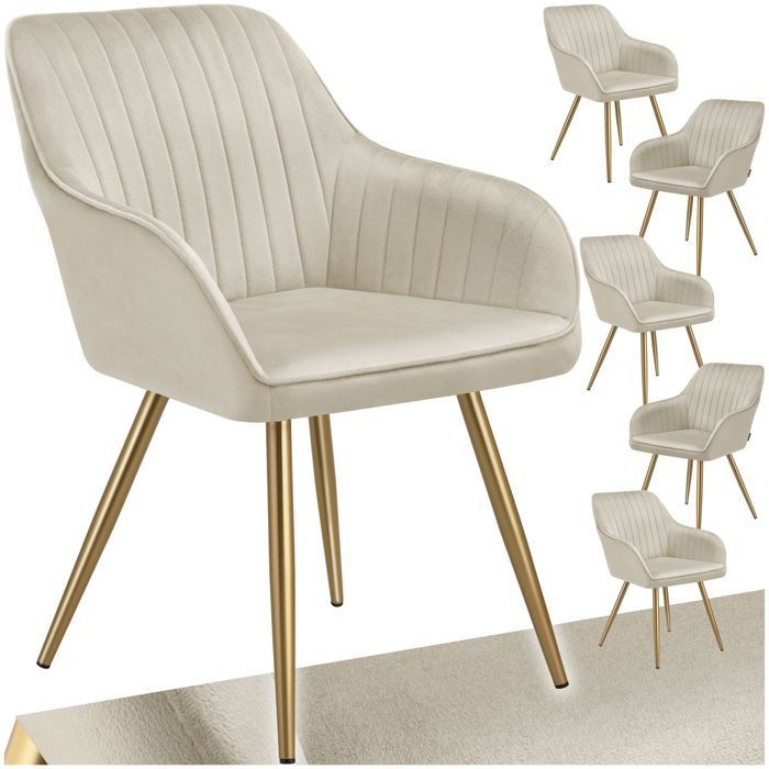 Sillas - TECTAKE - Juego de 6 sillas de comedor MARYLIN con aspecto de terciopelo y acolchado y patas de acero tono dorado - Crema/Dorado