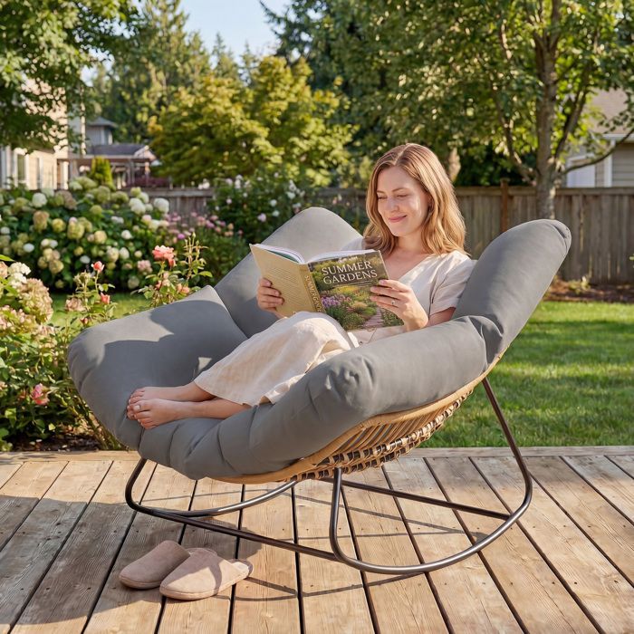 Sedia a dondolo Papasan - Outsunny - per interni ed esterni - con cuscino imbottito - rattan - grigio