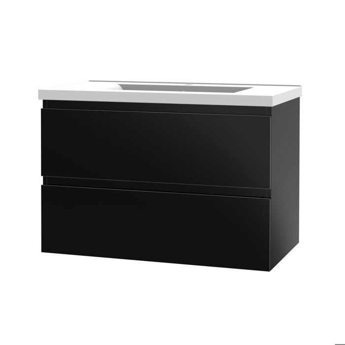 Mueble de baño AICA de 80 cm en negro brillante con 2 cajones de cierre suave y lavabo individual de cerámica.