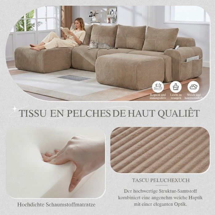 Modulaire bank - LANGTU - 4-zits corduroy, kaki - 333x174x80 cm - Bekerhouder & opbergvak - 2 voetenbankjes