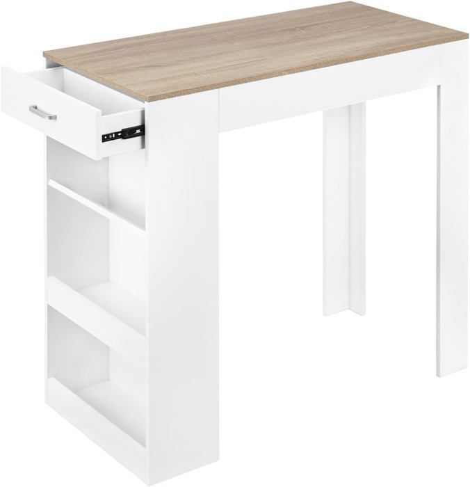 WOLTU Table de Bar, Table Haute Cuisine avec Tiroir, Table Console en Bois d'Ingénierie, 100x50x100cm, Blanc+Chêne Clair W0ATT0371