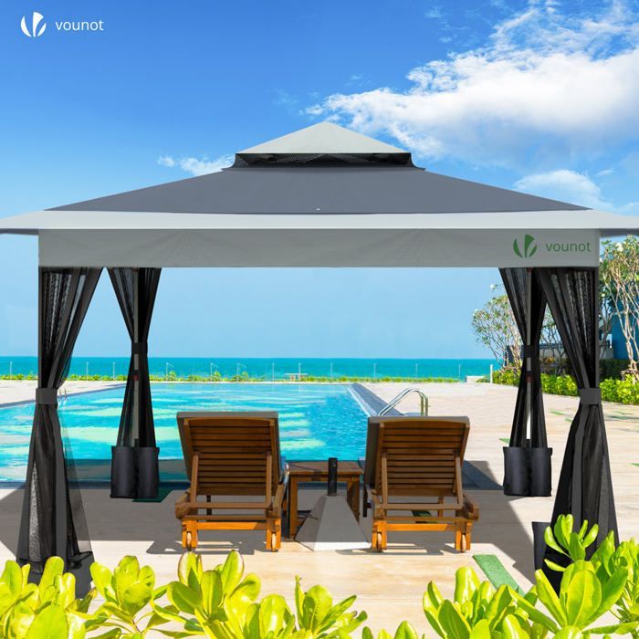 VOUNOT® Tonnelle de jardin extérieure 3,6x3,6m pliable avec moustiquaire gris