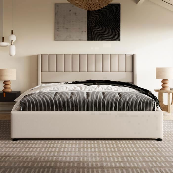 Letto contenitore 180x200 cm, letto idraulico imbottito con rete a doghe, letto matrimoniale in lino beige