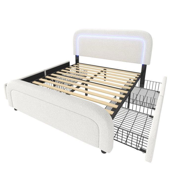 Cama de 160x200 - LANGTU - Cama Sherpa con almacenamiento - 4 cajones - Puertos USB y Tipo-C - LED integrado
