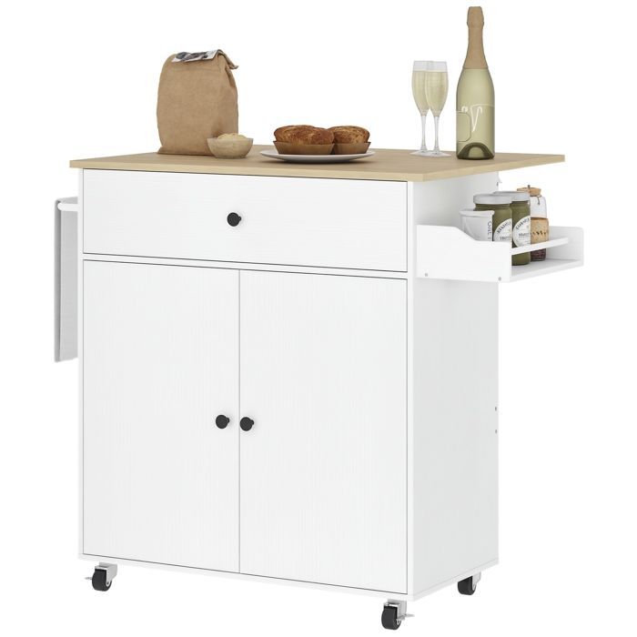 Carrito de cocina con ruedas - HOMCOM - cajón, estante ajustable, especiero y toallero - blanco