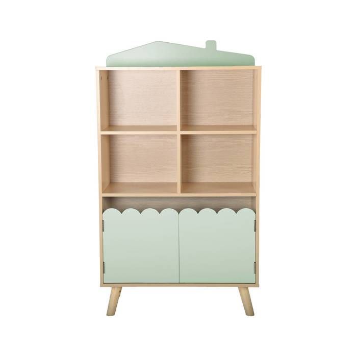 Librería infantil verde con 2 puertas y 4 estantes.