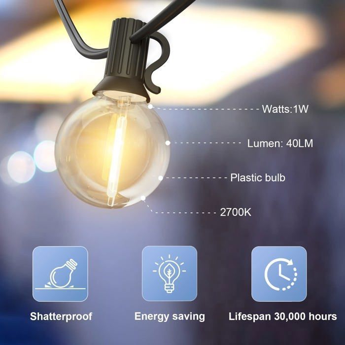 Guirnalda de luces solares para exteriores de 26,5 metros, con 50 bombillas E12 G40, de plástico y resistente al agua.