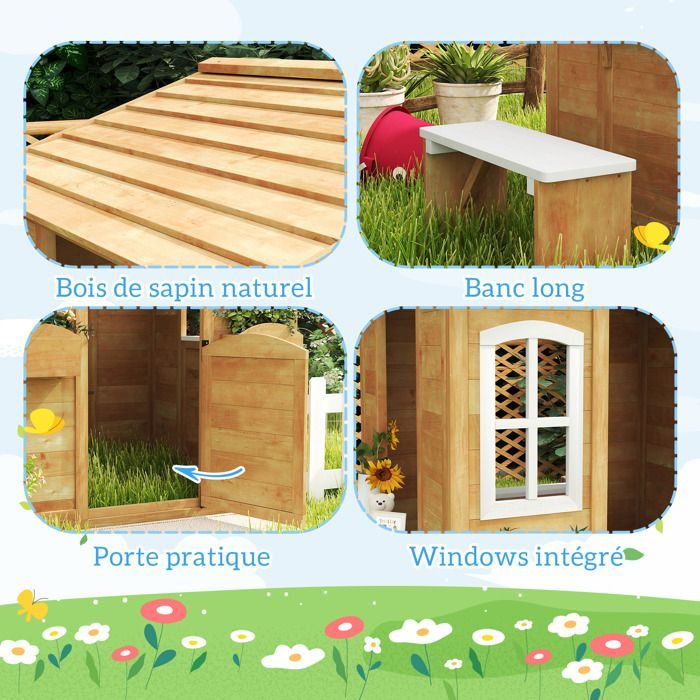 Children's playhouse, wooden garden house with door and windows, bench, mailbox, fence, for ages 3 to 6