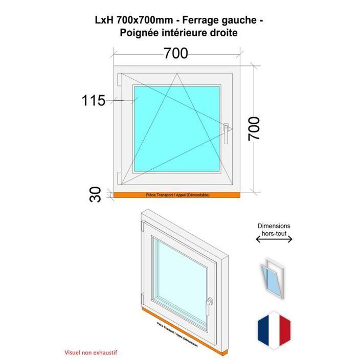 Fenêtre PVC - 700x700 mm -Triple Vitrage - Bicolore blanc int/anthracite ext-poignée à droite