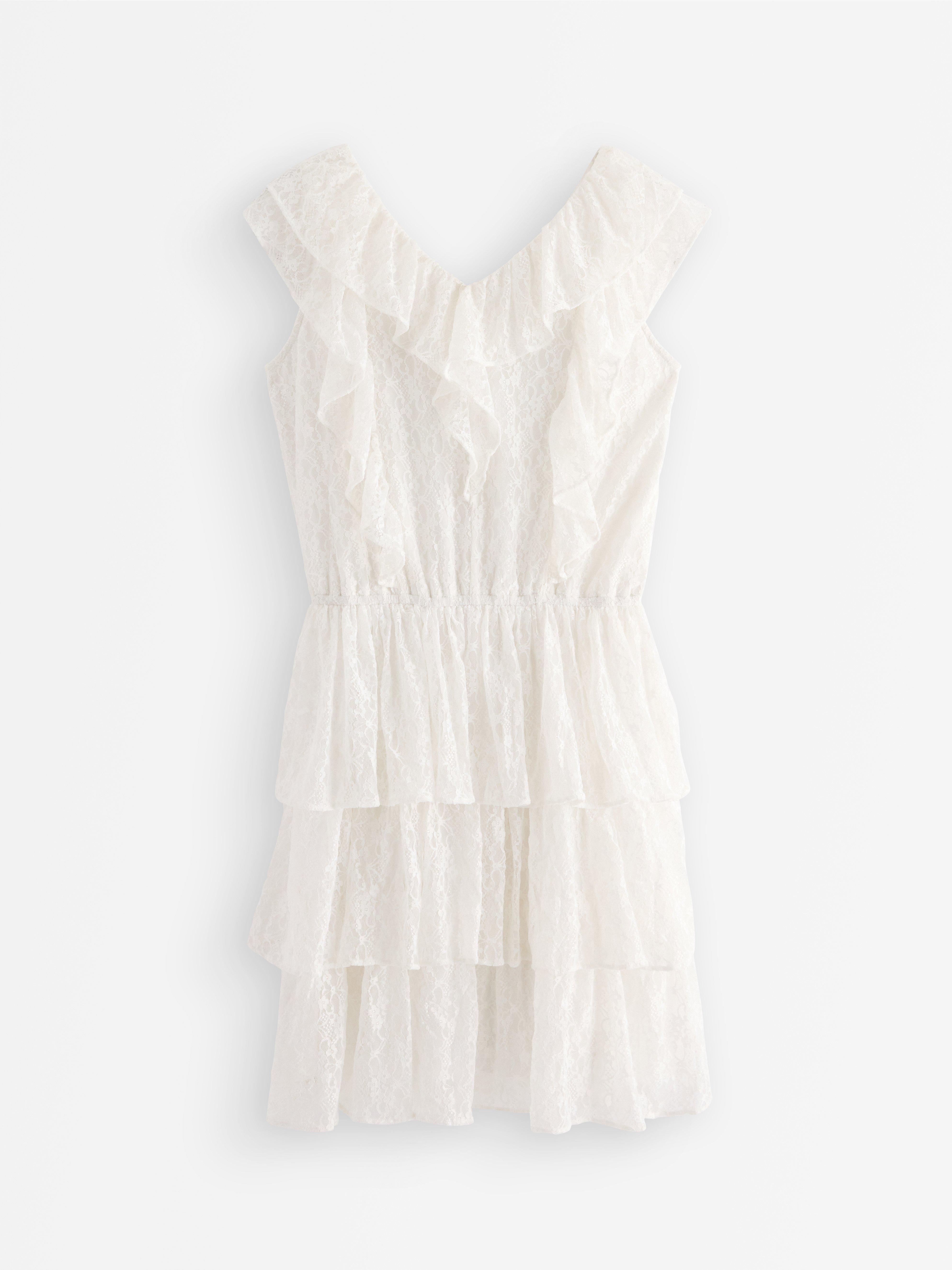 Vestido de renda com babados, cor off-white.