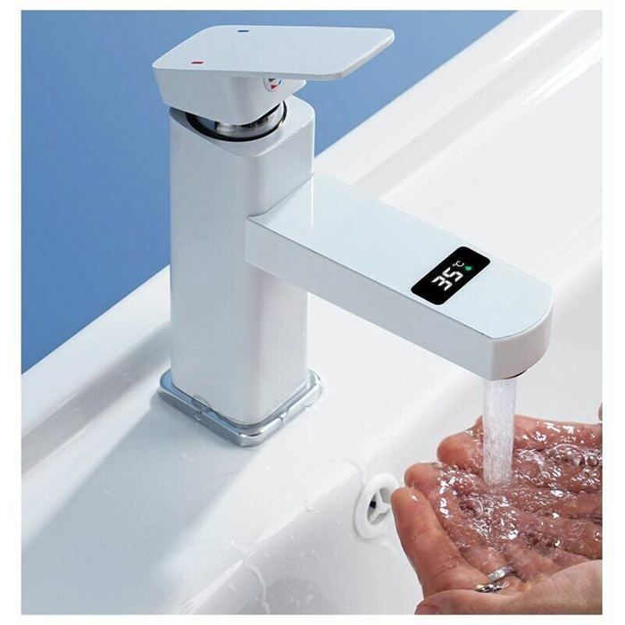 Grifo mezclador de lavabo de latón puro, grifo de baño con aireador, grifo mezclador de lavabo, acabado cromado-blanco.
