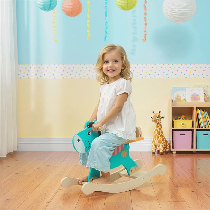 12786 Caballito balancín infantil, juguete de madera con forma de burro balancín para bebé, con manillar y base estable, 59 x 27 x 43 cm, verde oscuro