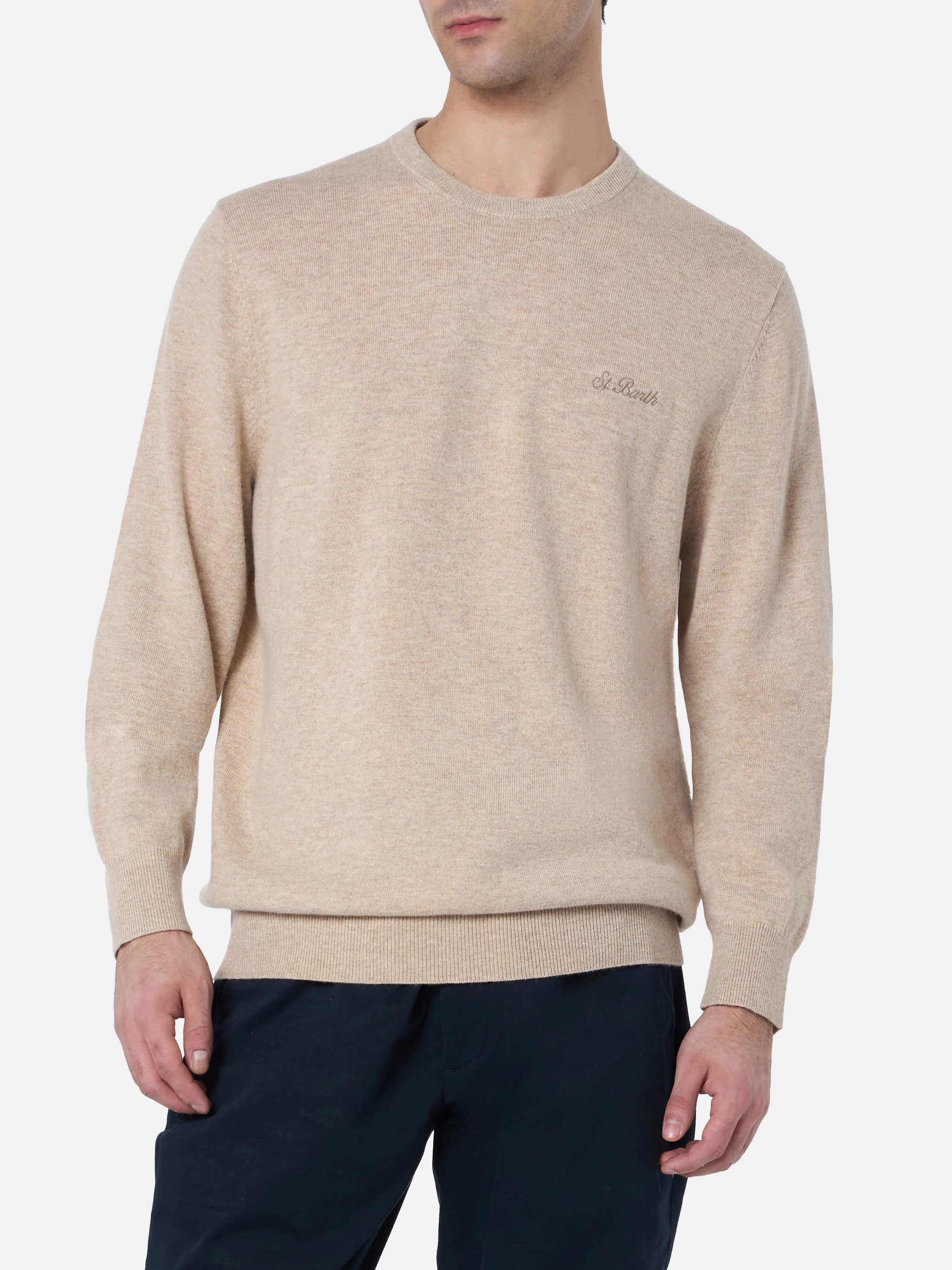 Regent herentrui met ronde hals, beige van kasjmierblend
