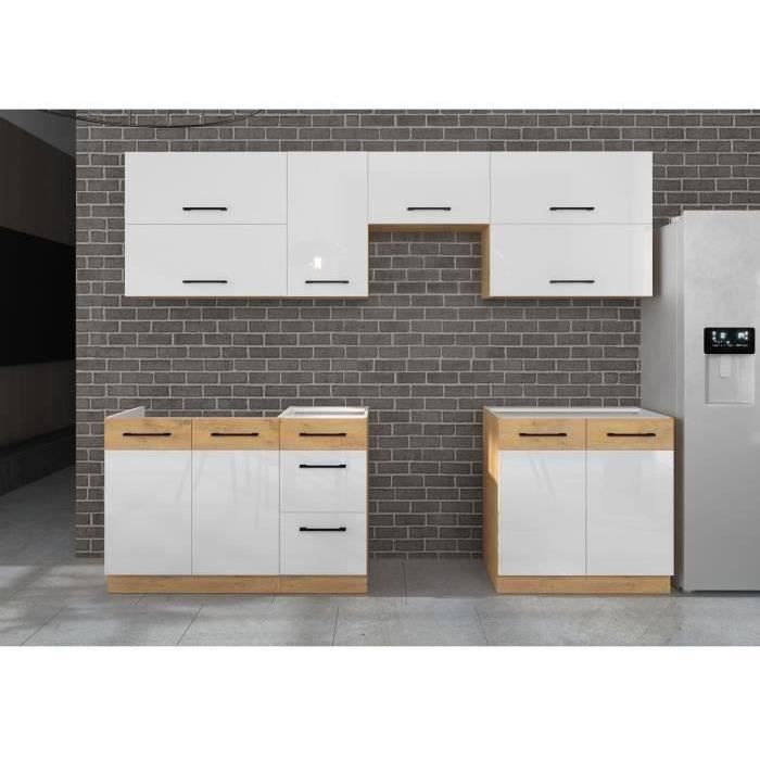 ROCK - Cocina completa - Roble Lancelot y melamina blanca brillante - 260 cm - Encimera no incluida