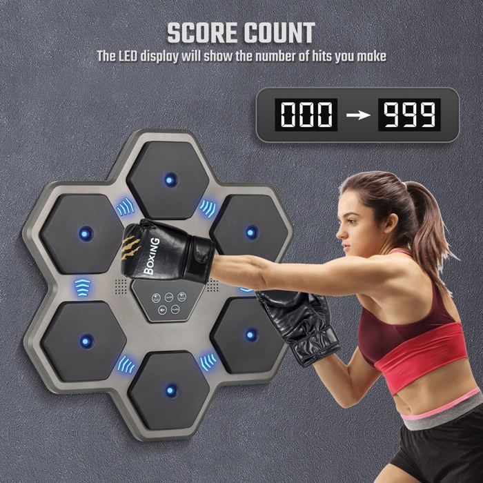 Máquina de boxeo musical Todeco para adultos y niños con guantes, 9 modos, contador automático, hexagonal.