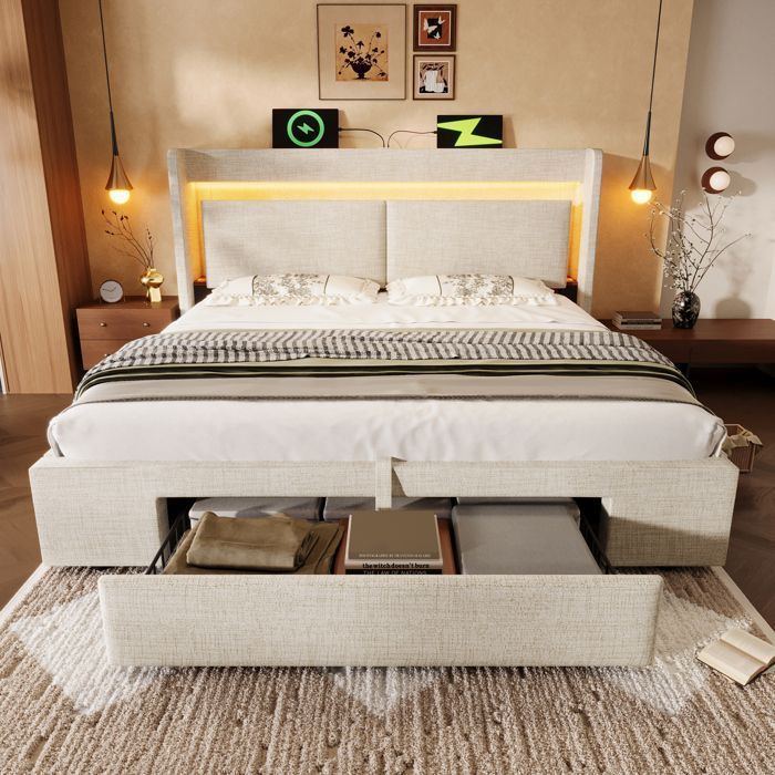Cama con almacenamiento de 180x200 cm - Cama doble tapizada con LED y puerto USB, nicho de almacenamiento, colchón no incluido, lino beige