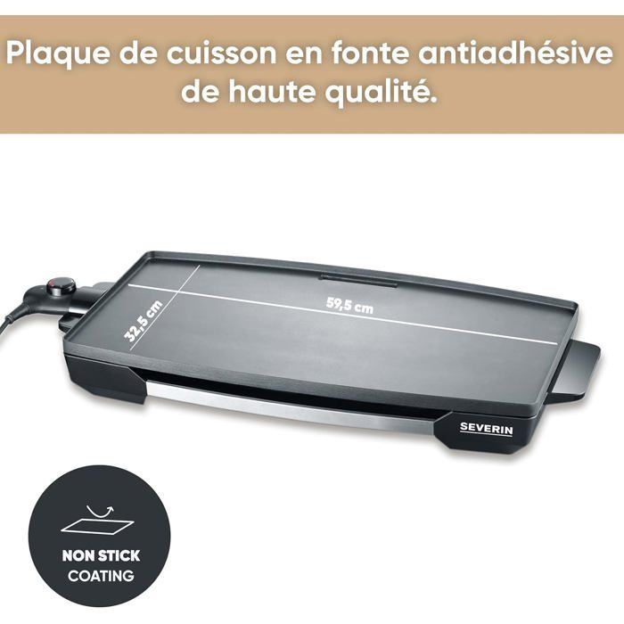 Plancha électrique XXL - TRAHOO - Plaque de cuisson 59,5x32,5 cm - Revêtement anti-adhésif