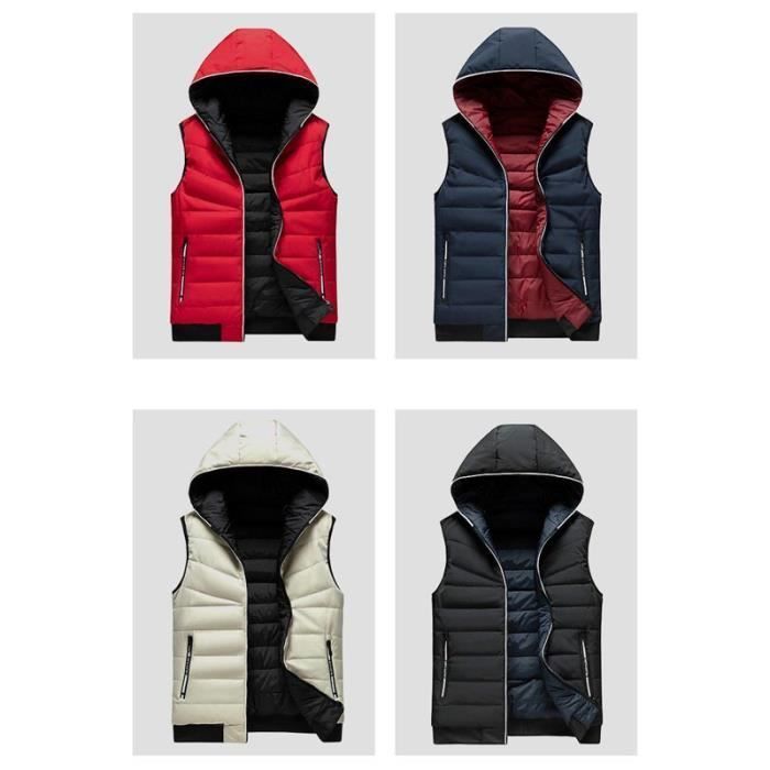 Chaqueta acolchada reversible de invierno para hombre con capucha, chaleco cálido sin mangas, color liso - Negro