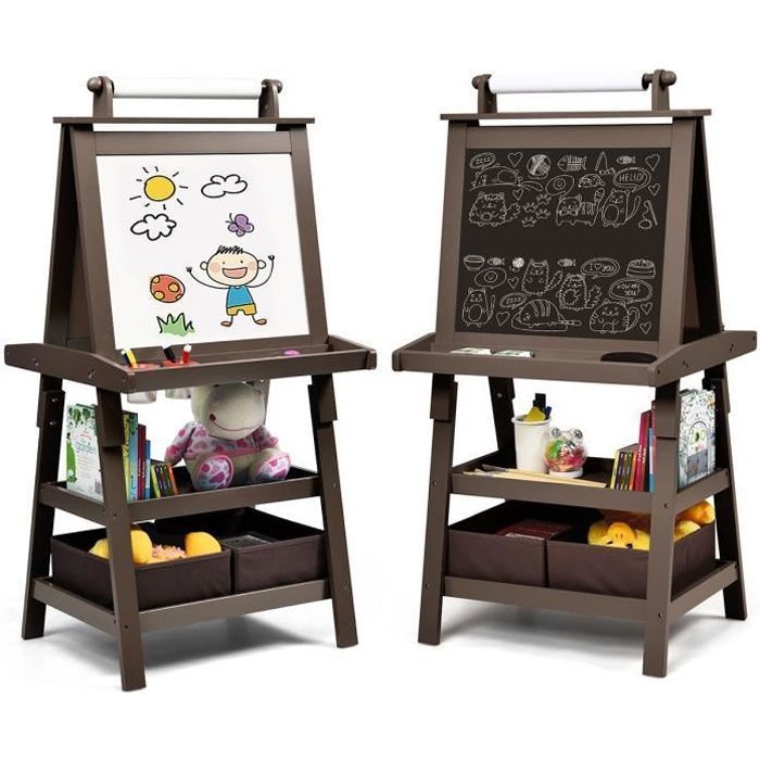 COSTWAY Tableau Enfant - Blanc Magnétique et Noir, Rouleau de Papier (Papier inclus), 3 Etagères et 2 Bac de Rangement Marron
