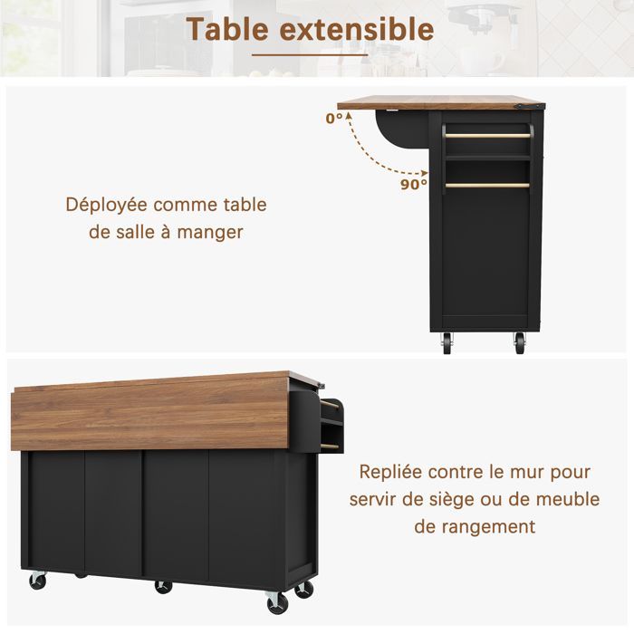 Buffet de Cuisine avec Roulettes ,2 Tiroirs 4 Portes,Plan de Travail,MDF,étagère à épices,Porte-Serviettes,140x73x93cm,Noir