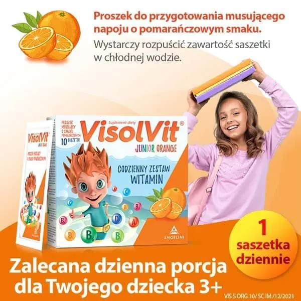 Visolvit Junior Orange, Zestaw witamin w saszetkach dla dzieci powyżej 3. roku życia, Smak pomarańczowy
