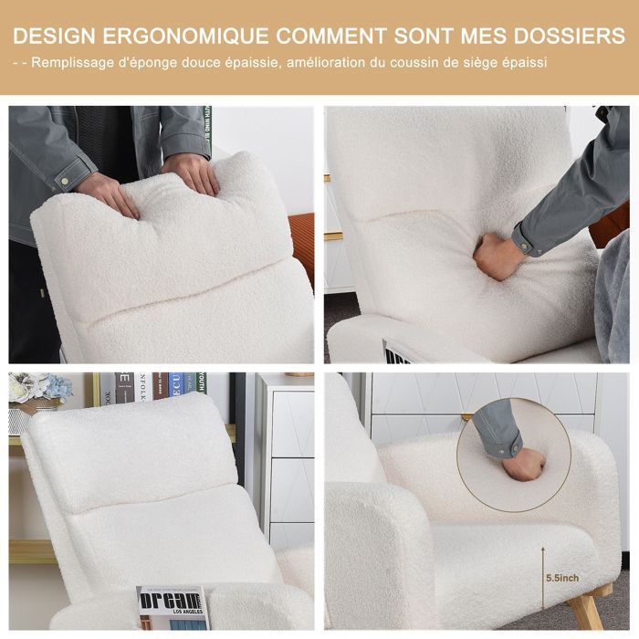 Fauteuil à bascule,Rocking Chair,Fauteuil à bascule allaitement poches latérales,Pieds en Bois Massif pour salon chambre Blanc