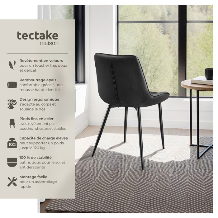 Sillas - TECTAKE - Juego de 8 sillones MONROE con tapicería de aspecto aterciopelado, asiento ergonómico y patas de acero negro - Negro